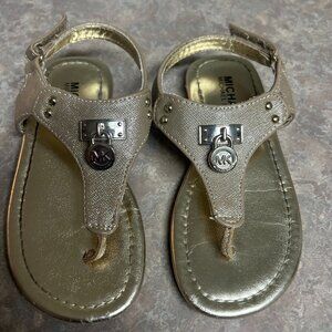 Michael Kors soft gold slip in sandal with hook loop velcro closure, girl's size